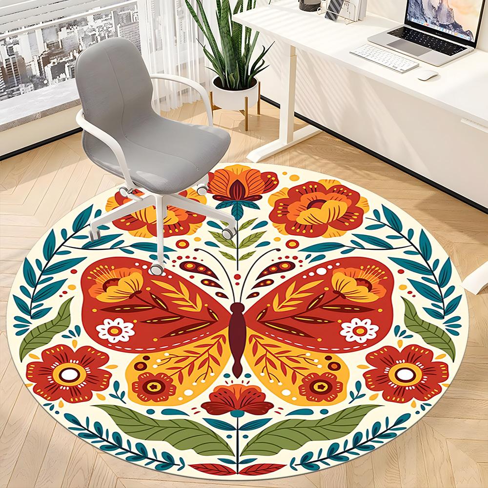 1pc Butterfly Flowers Office Round Area Rug, Indoor Mat Suitable For Office, Under Office Chairs Bedroom Living Room Home Decor, Room Deco