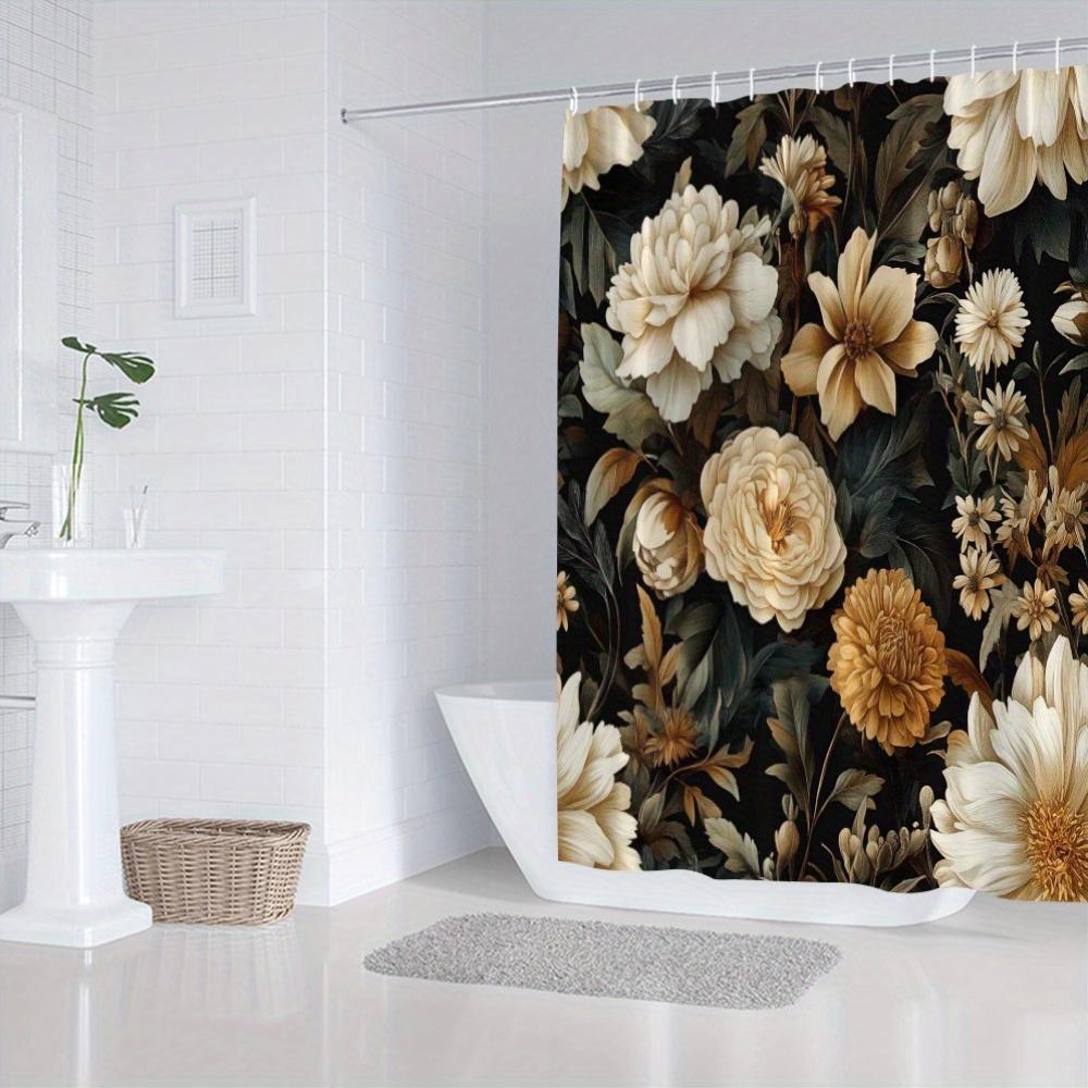 Vintage Floral Shower Curtain 180x180cm – Cream & Gold Peonies with Daisies on Black Background, Elegant Bathroom Decor 12 Hooks