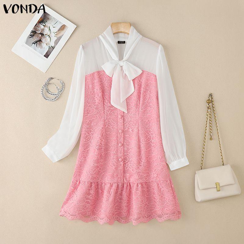 VONDA Women Casual Bow Knot Neck Long Sleeve Lace Crochet Patchwork Elegant Ruffled Dress