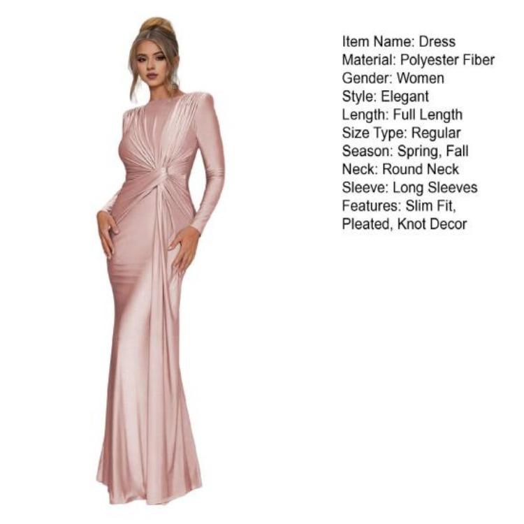 Women's Cocktail & Evening Dresses - Women Evening Dress Slim Fit Round Neck Back Zipper Pleated Knot Decor