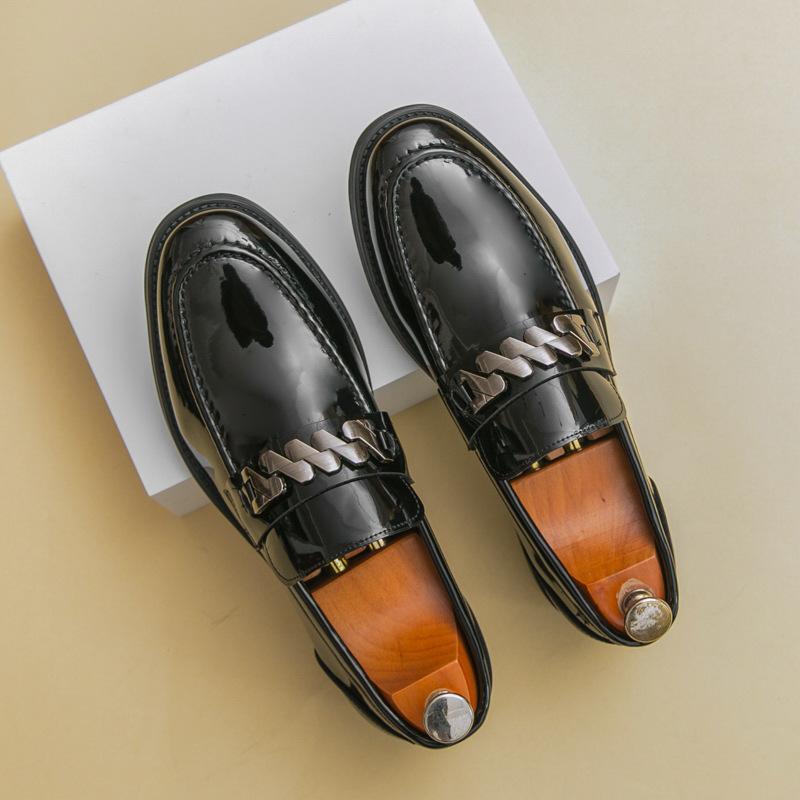 

Men s shoes autumn men s big head leather shoes platform-soled glossy small leather shoes metal casual shoes thick heel loafers men s 46 чёрный