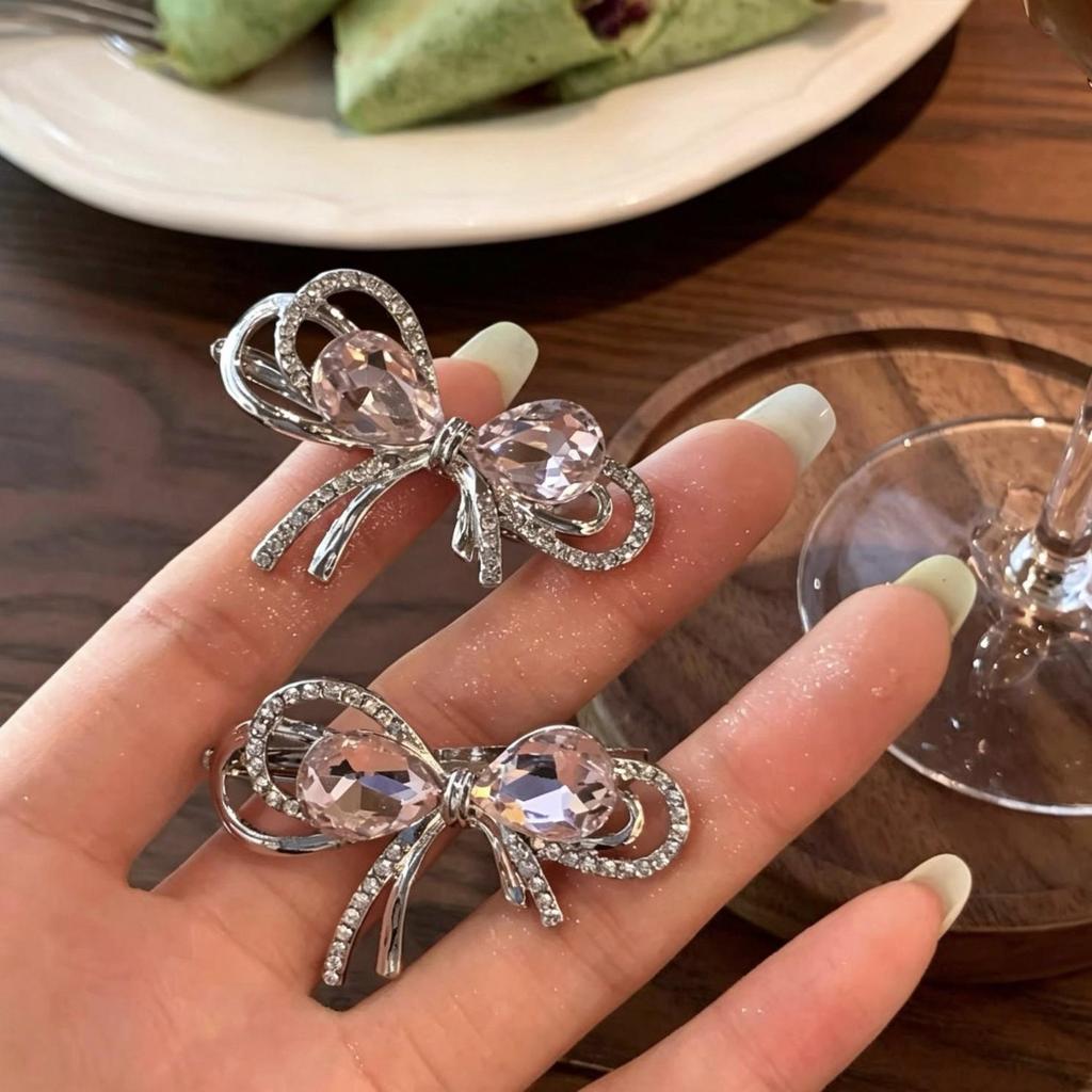 Sweetheart Pink Rhinestone Bow Hair Clip for Women - Elegant Side Hairpin Accessory