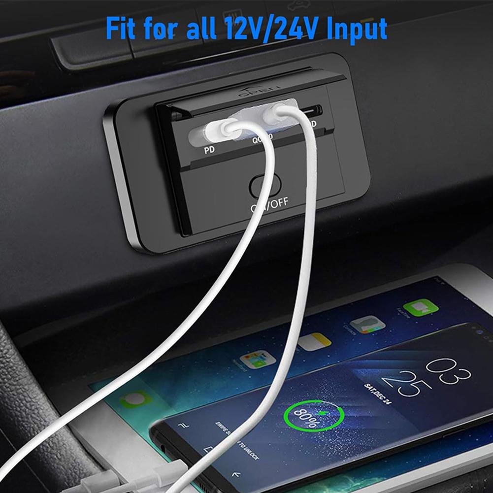 12-24V PD Type C USB Ports Quick Charger with Switch PD3.0+QC3.0+PD3.0 Quick Charge Type C USB Outlet Panel Adapter Power Outlet