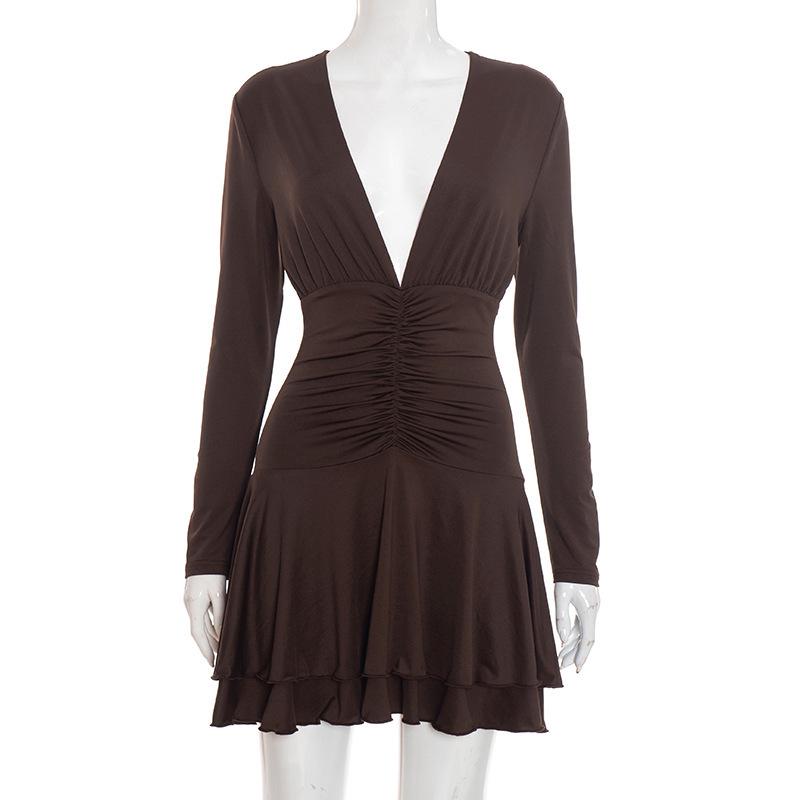 

European & American Women s Slim Fit Deep V Ruffle Hem Dress - New Style Casual Solid Color Long Sleeve Small