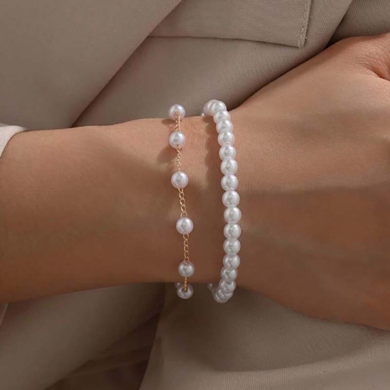 Retro White Imitation Pearl Bracelet for Women Elegant Double Layer Handmade Beaded Chain Bracelet Bangles Zircon Gift