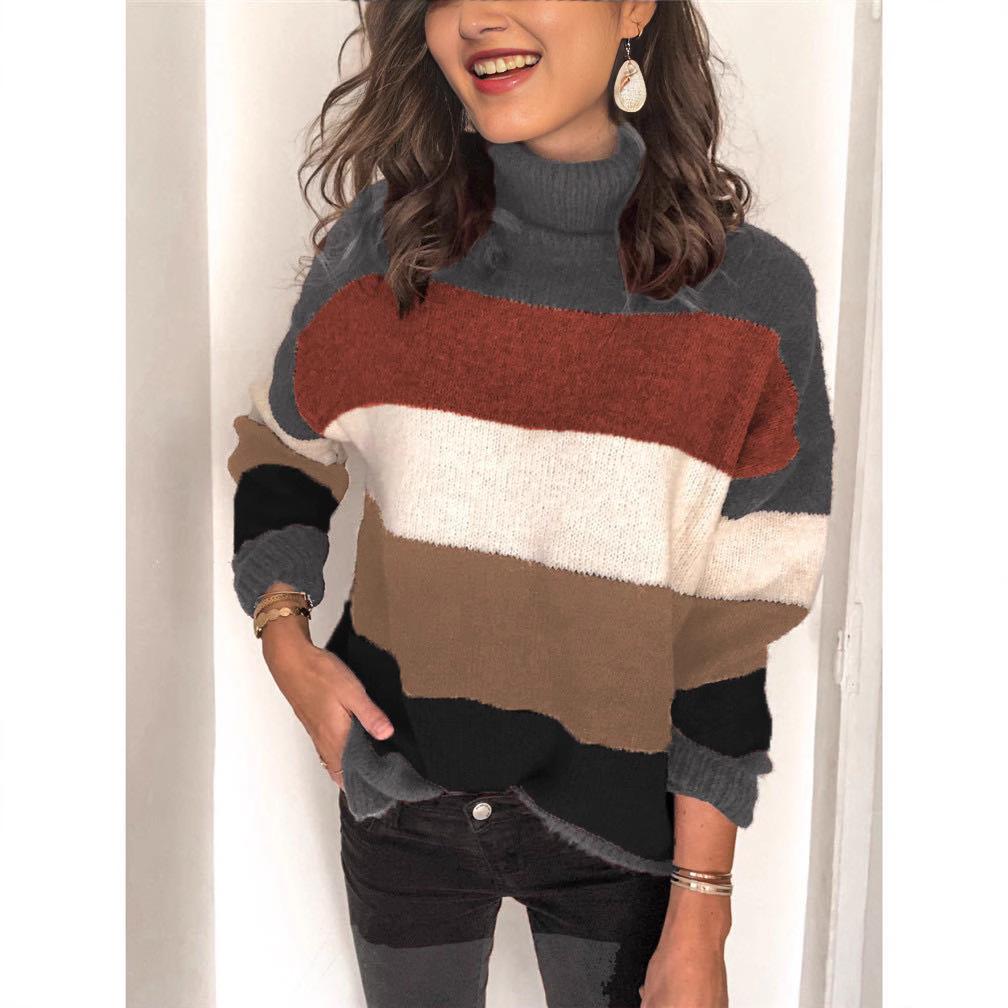 2025 Autumn/Winter High Neck Patchwork Knit Plus Size Women's Striped Sweater
