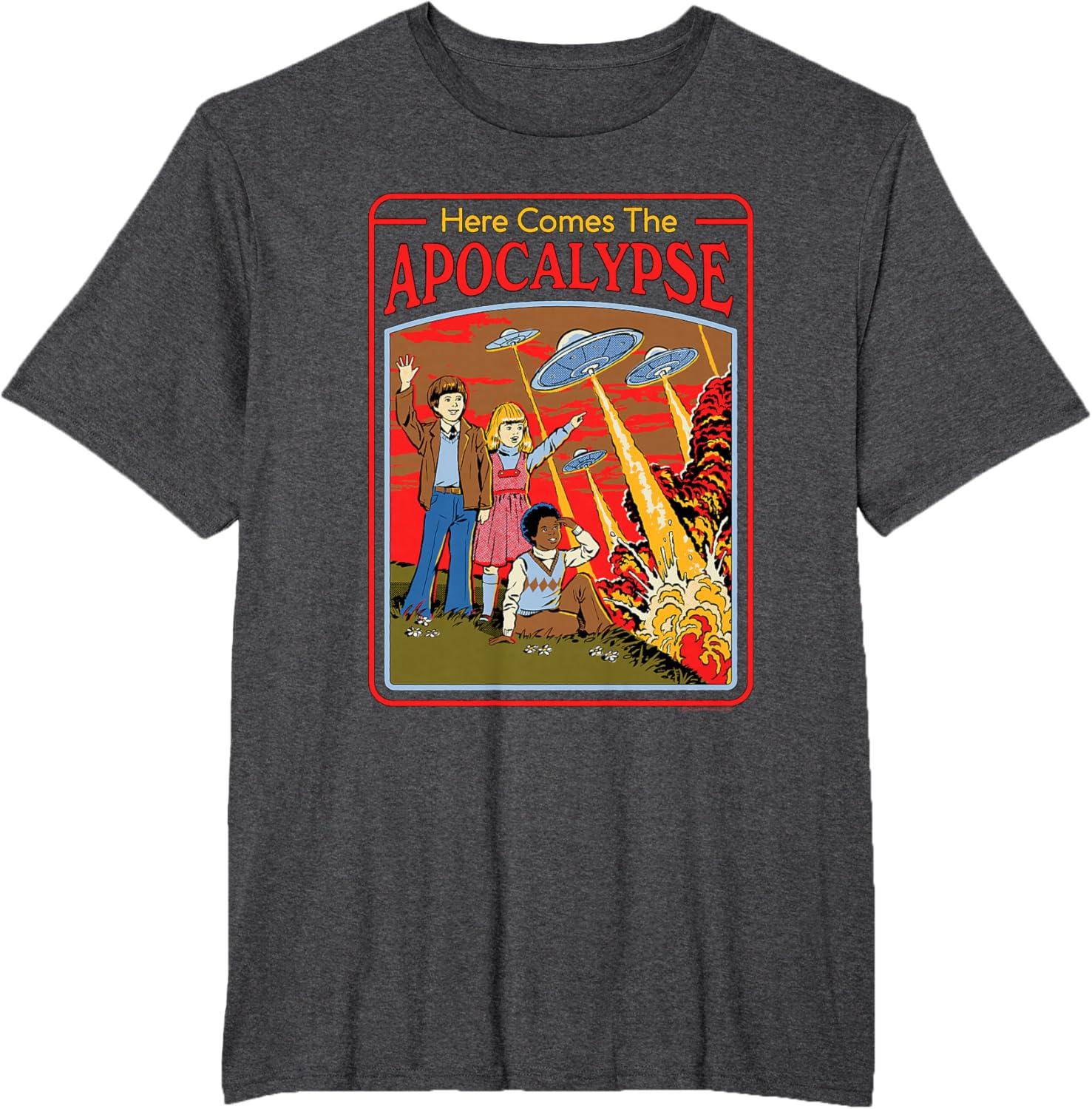 

Steven Rhodes Here Comes The UFO Apocalypse Retro Dark Humor TShirt TShirt New SpringSummer Arrivals Regular Fit Casual 4XL