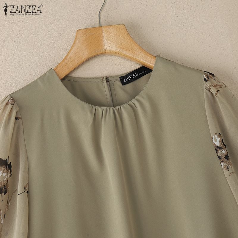 ZANZEA Women Casual Round Neck Loose Splice Half Sleeve Blouse