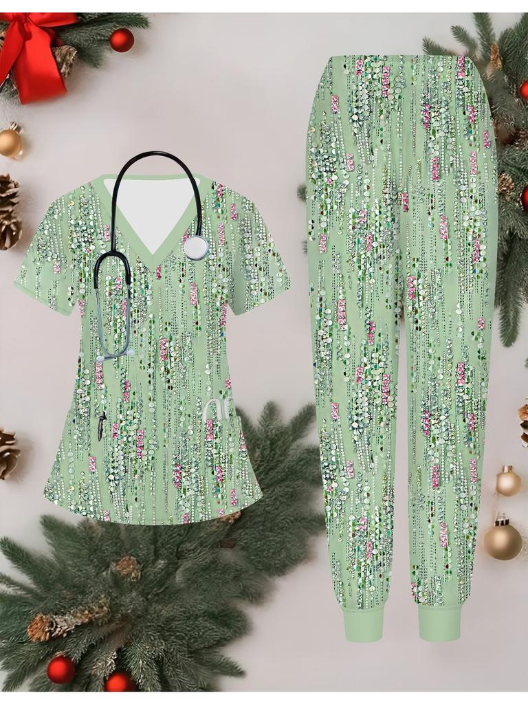 3D Printed Women's Nurse Uniform Set Short Sleeve Long Pants with Pocket Casual Fashionable Christmas Gift