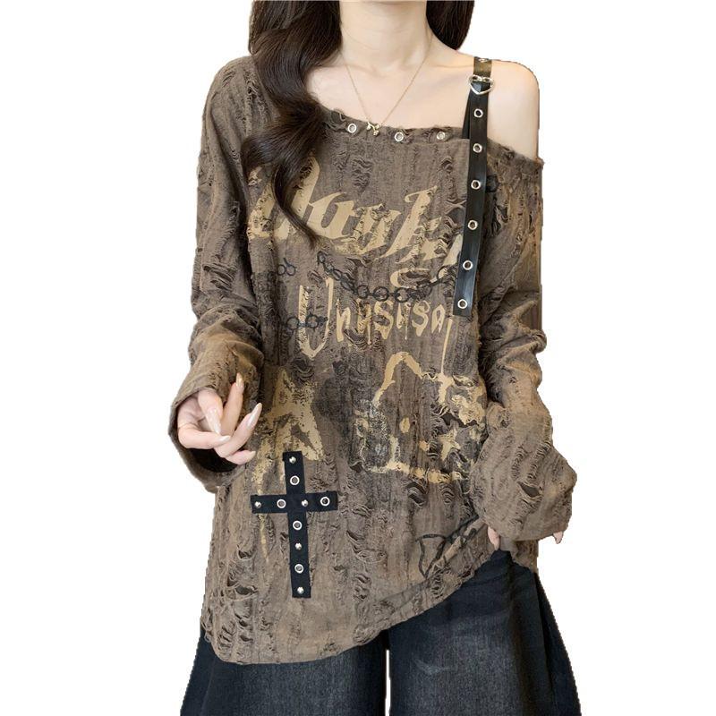 Asymetryczny, podarty T-shirt Plus Size z odkrytymi ramionami: Wyszczuplający top z długim rękawem na wiosnę/jesień