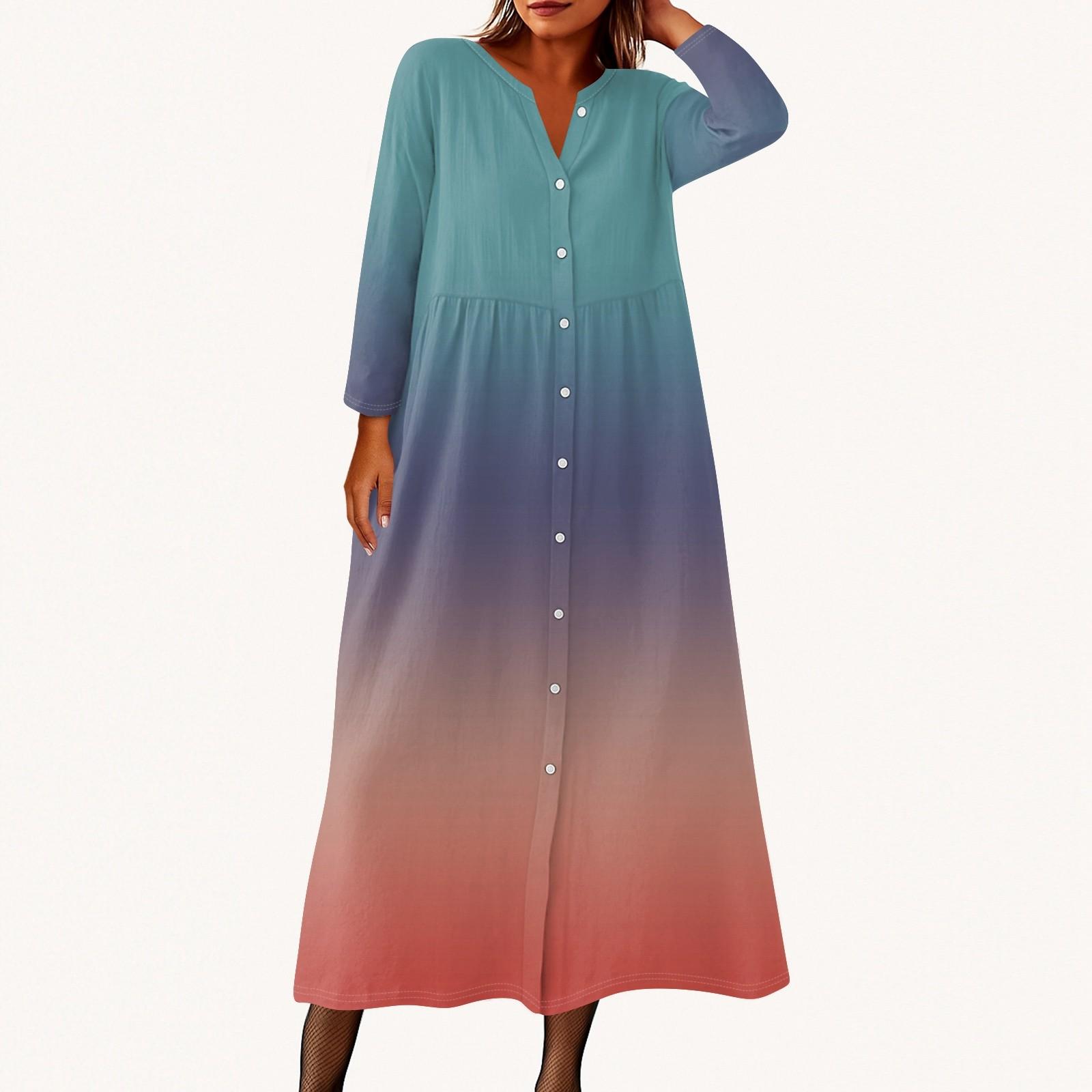 

Женское модное платье-рубашка свободного кроя с принтом, круглым вырезом и рукавами семь четвертей на пуговицах XL