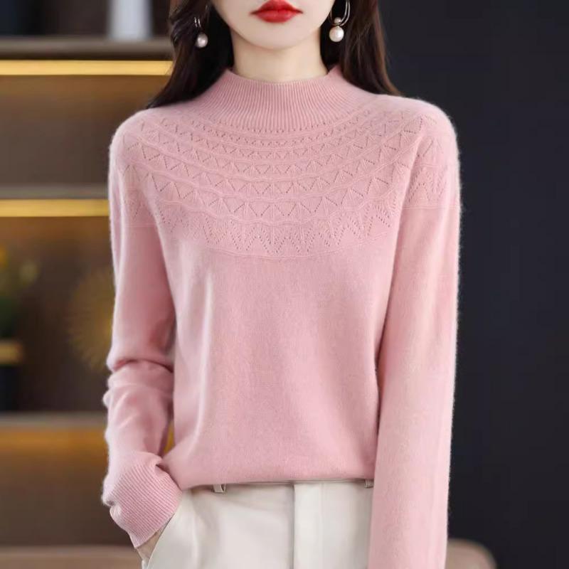 New First-line Ready-to-wear Half Turtleneck Hollow Wool Sweater Women's Knitted Loose Versatile Pullovers Warm Base Layer