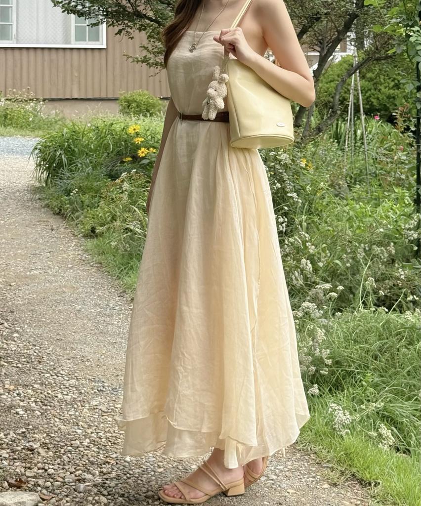 Lady Volume Ramie Linen Sleeveless Midi Dress (Beige)