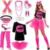 80er Jahre Retro Party Kostüm Drop Shoulder T-Shirt Tutu Rock Hüfttasche Schmuck Beinlinge Komplettes Set