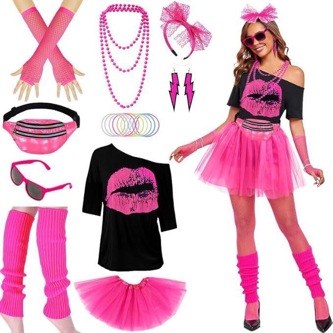 1980er Retro Disco Party Kostüm Drop Shoulder T-Shirt Tüllrock Hüfttasche Schmuck Fußabdeckungen Set