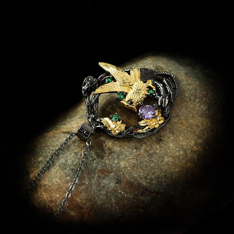Hollow Flower Necklace New Style Decoration Colorful Gemstone Diamond Magpies Black Gold Pendant
