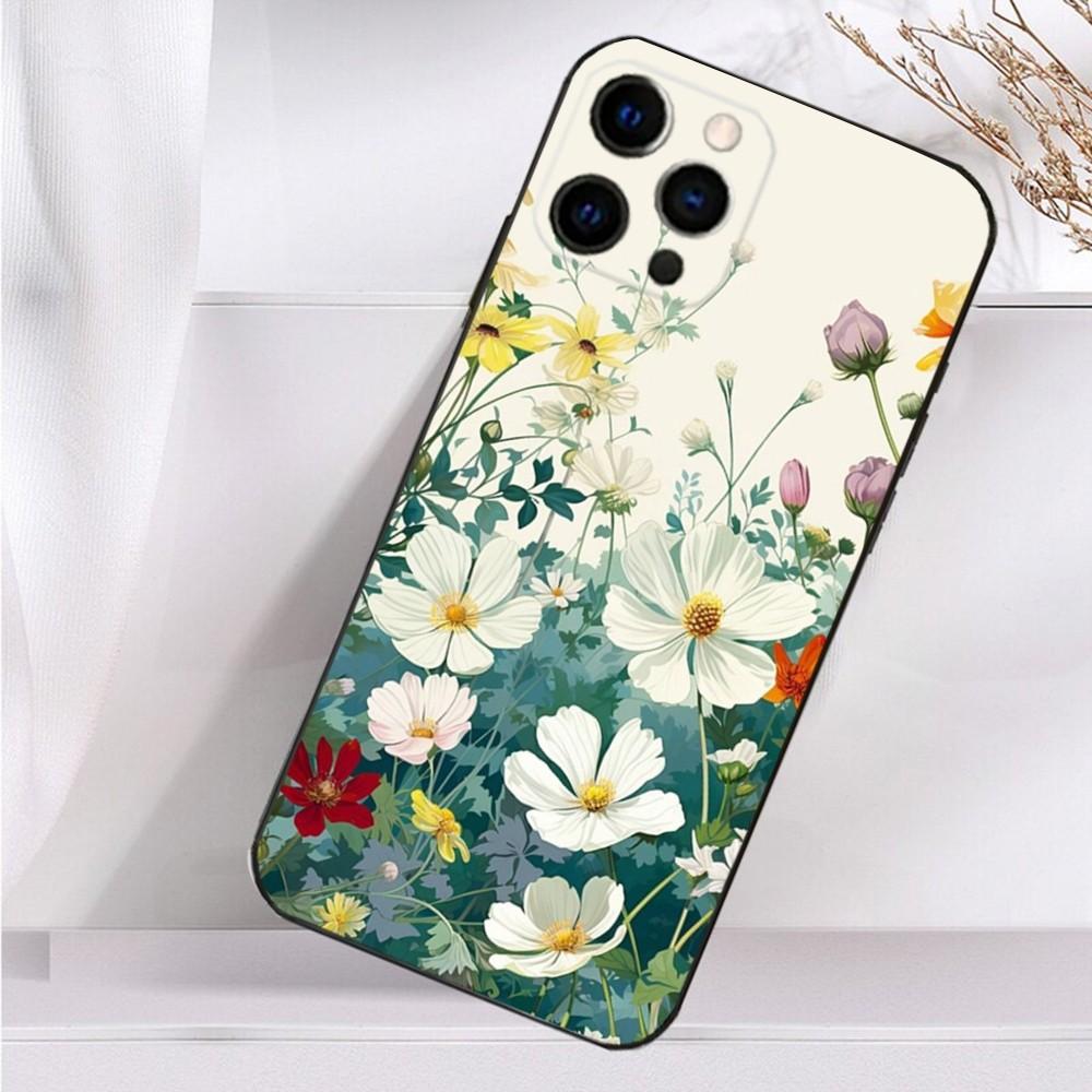 Painting Art Botanical Phone Case For iPhone 16,15,14,13,12,11 Plus,Pro Max,XS,X,XR,SE,Mini,8,7 Soft Silicone Black Cover