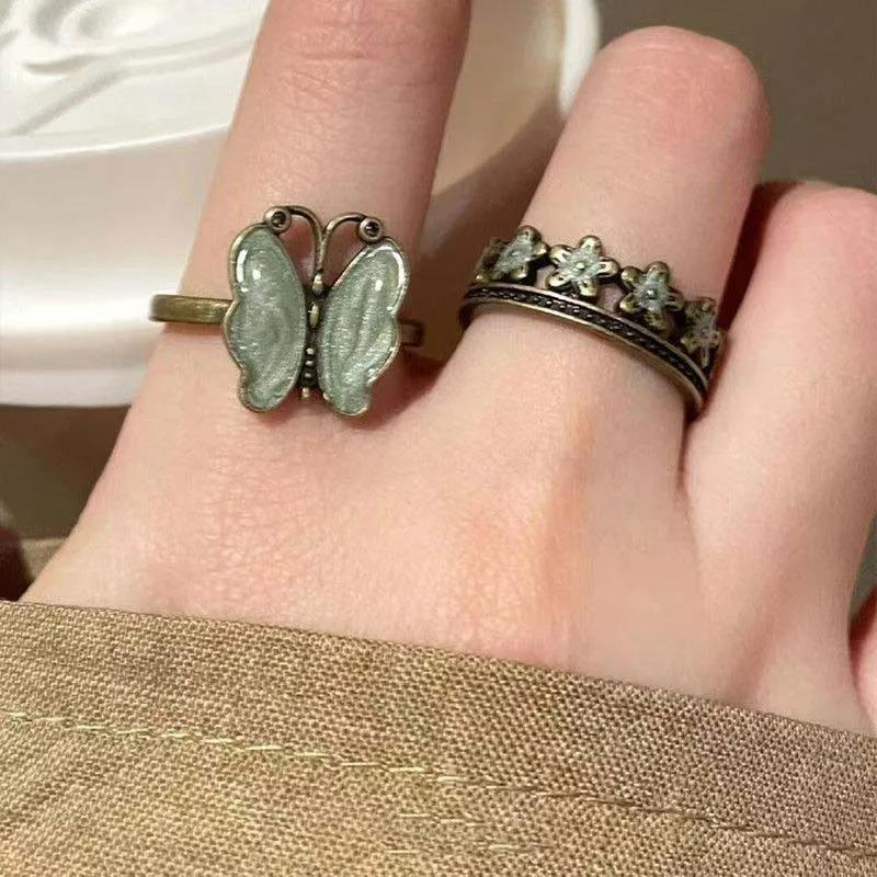 

Brand Vintage Green Butterfly Flower Ring for Women Metal Open Adjustable Finger Rings Boho Retro Luxury Fashion Zircon Gift