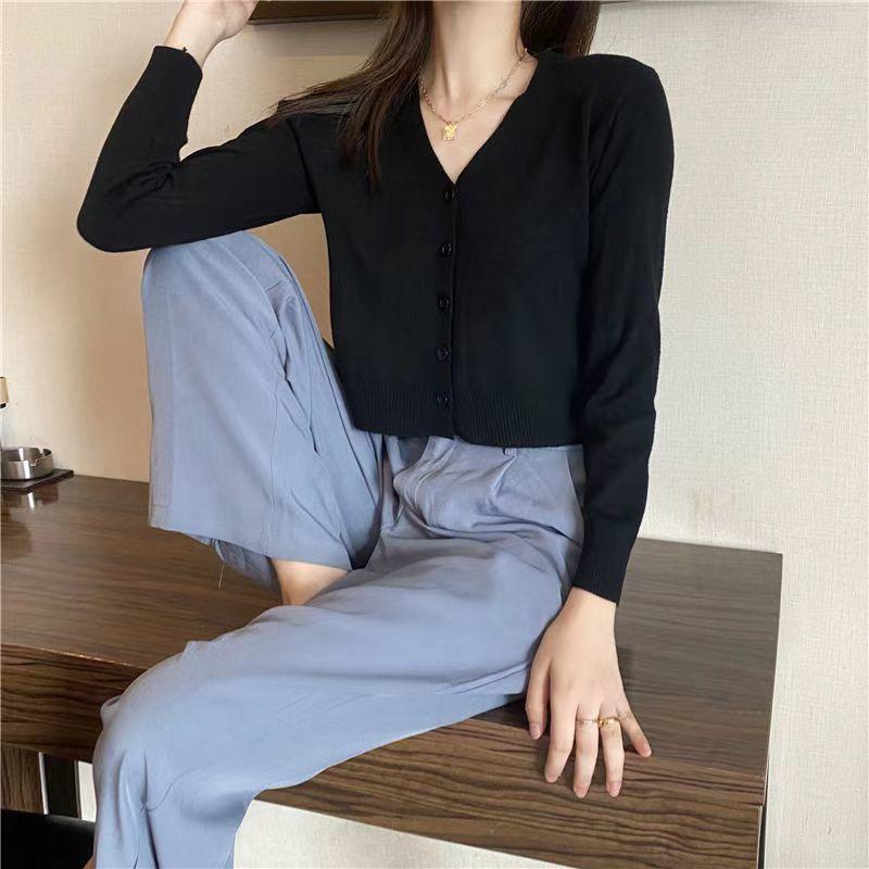 

New Spring and Autumn Knitted Cardigan Women s Short with Long Sleeves and Thin with Sweater and Jacket Trend one size fits all чёрный