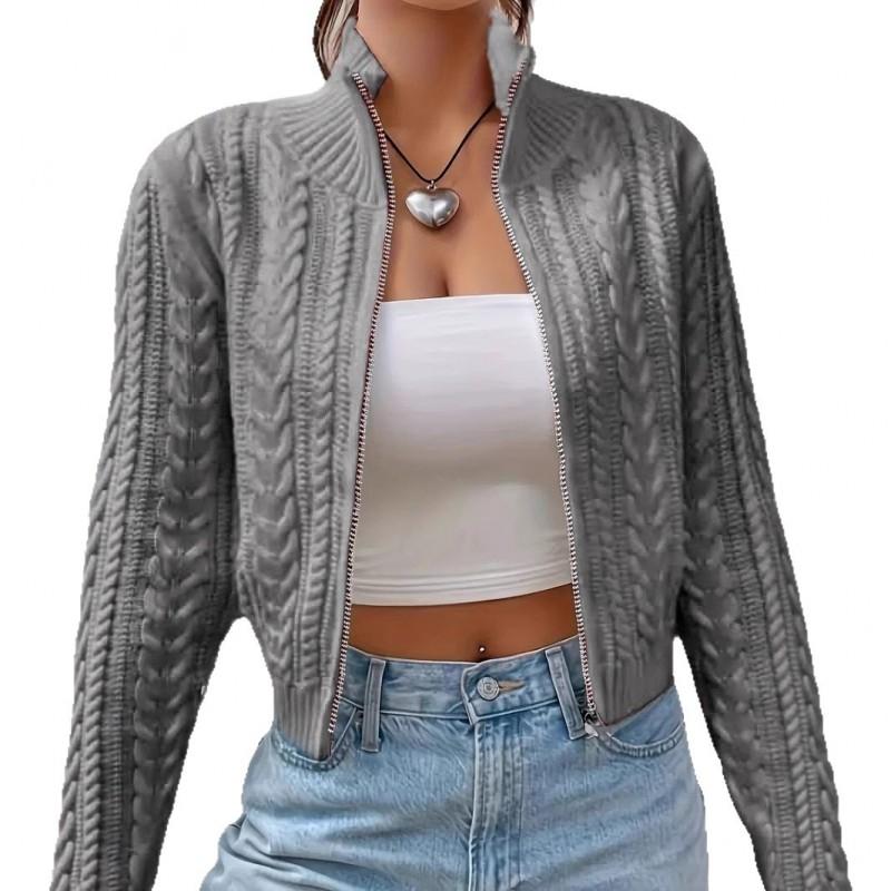 Short Zip-Up Knit Cardigan Women Fall Winter 2026 Slim Fit Casual Outerwear In Black White Burgundy Gray