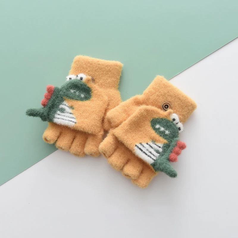 Winter Kids' Dinosaur Half-Finger Warm Gloves - Thick, Anti-Pilling, Cold Protection