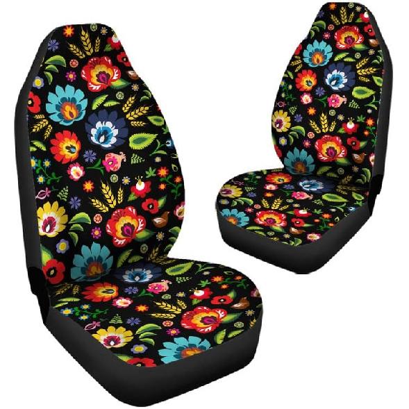 Bulopur Black Boho Floral Car Seat Covers Front Seats Only for Women Men Seat Covers w/Organizer Pocket for Cars SUV Truck Sedan