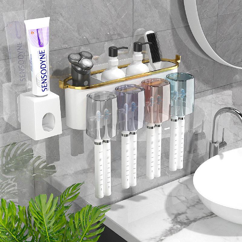 Gold Plated Wall-Mounted Toothbrush & Toothpaste Holder with Mouthwash Cup