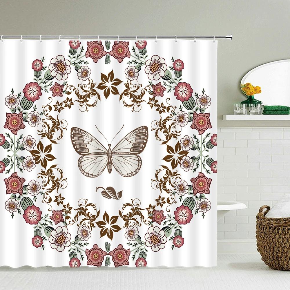 Beautiful Butterfly 3D Shower Curtains With Hooks Waterproof Fabric Flowers Printed Bathroom Curtain 180X180 Bathtub Screen