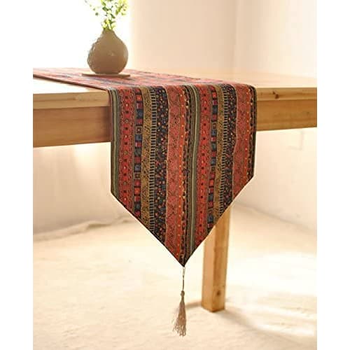 Japanese-style Table Runner, Cotton and Linen, Red, 30*180cm, Modern Multicolor Stripes, Asian Floral Print with Tassels, Bed Runner, Classic and Styl