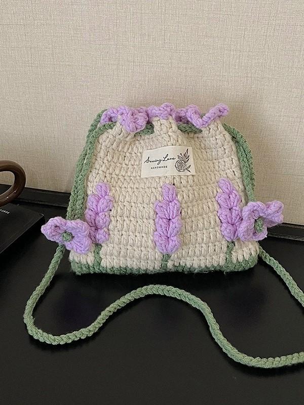 Handgefertigte Wollstrickblume Kordelzugtasche Mini Umhängetasche für den täglichen Gebrauch