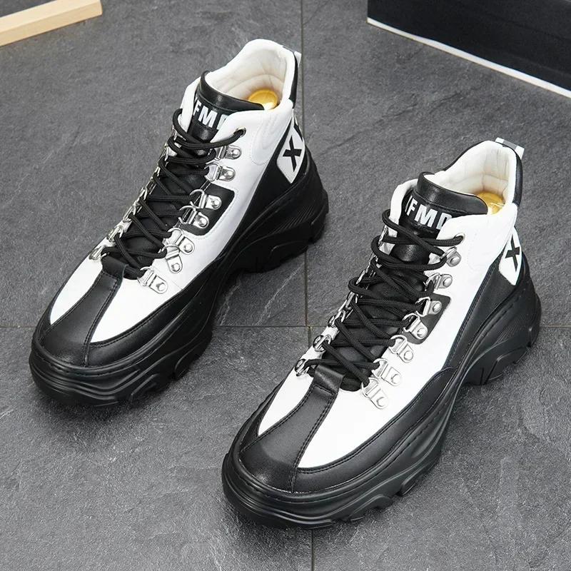 White High Top Board Boots for Men Thick Soled Men Boots with Elevated Height Inside Outdoor Casual Versatile High-top Shoes