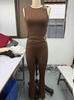 Women's Slim Fit Two-piece Matching Outfit Sleeveless Crew Neck Crop Tank Top Ruched High Waist Flare Pants Tracksuit