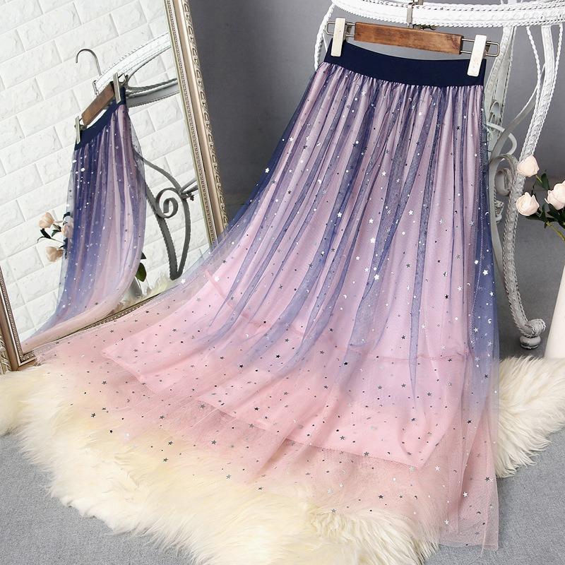 Gonna Puffy in Tulle da Donna Elegante Colore Caramella Stelle Glitter Vita Alta Ampia Ampiezza Gonna Tutù Fatata Irregolare Stratificata Danza
