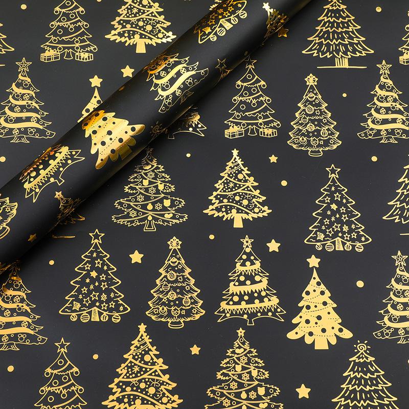 1pc Extra-Long Premium Retro Black & Golden Christmas Wrapping Paper with Golden Reindeer, Trees, Snowflakes, Craft Paper