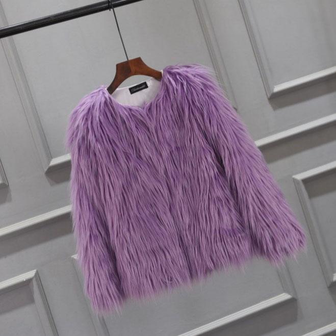 

Пушистая меховая шуба женская Пушистая теплая с длинным рукавом Верхняя одежда Осенне-зимнее пальто Куртка Воротник без воротника с ворсом XXL фиолетовый
