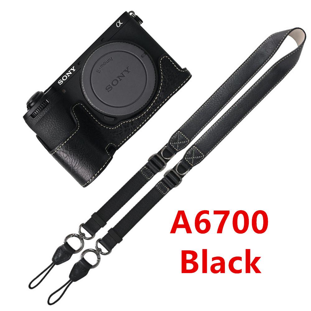 Půl pouzdro na fotoaparát z PU kůže s texturou liči pro Sony A6700 A6400 A6300 A6100 A6000 ZVE10 ZVE10II ZVE10M2 Spodní otevírací kryt s popruhem