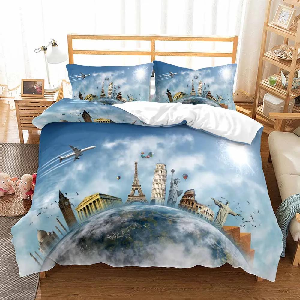 Modern Style Bed Cover Sets 2/3pcs Print Travel Scenery King Size Bedding Set Quilt Cover With Pillowcases Bed 100% High Quality
