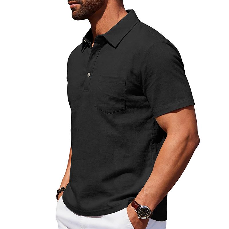 Men Loose Casual Short Sleeve Linen Blend Polo Shirt For Daily Beach Wear