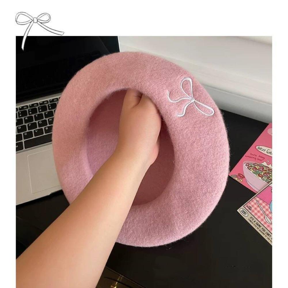 Bowknot Embroidery Literary Painter Hat Wool Blend Women Beanies Cap Sweet Women Beret
