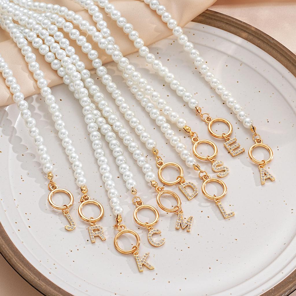 Fashion Gold Color Initial Necklace Simple Zircon Letters Pendant Pearl Beads Chain Choker Necklace For Women Boho Jewelry Gifts
