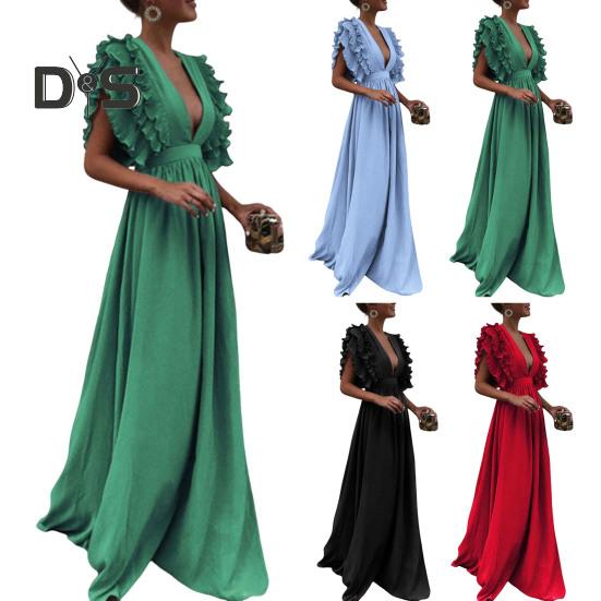 Dámské večerní šaty Nízký střih s výstřihem do V s létajícími rukávy Vrstvený nařasený plisovaný vysoký pas Jednobarevné Jednobarevné Šaty na podlahu Prom Cocktail Party Maxi šaty