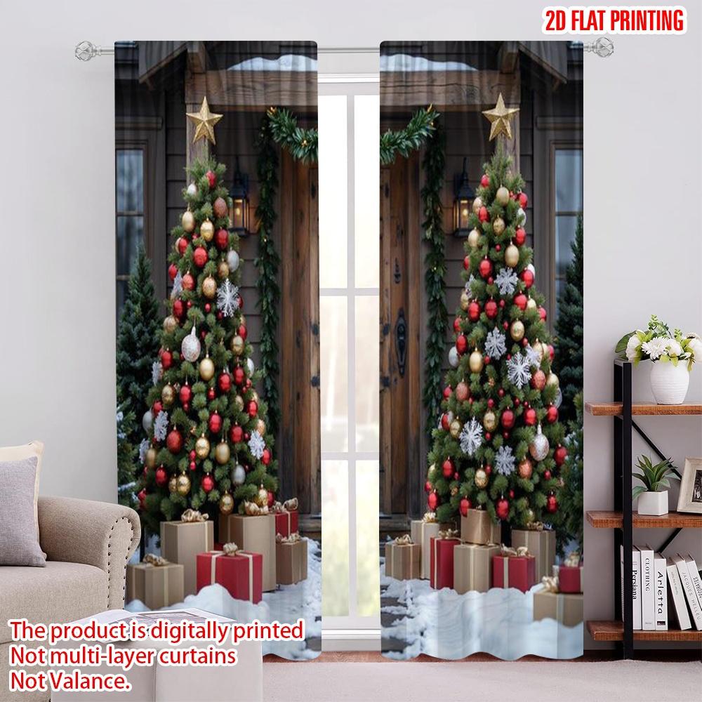 

Set Of 2 Flat Printing Merry Christmas Popular Window Drapes Simple Versatile Polyester Without Electricity Curtains Made W100*H70(CM)-Grommet top&1PCS