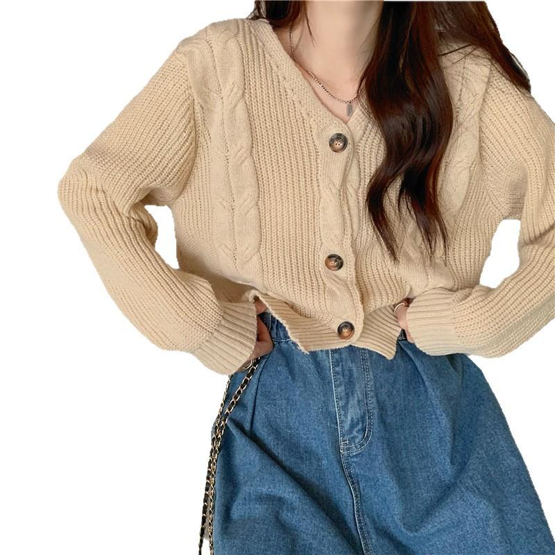 Lazy high-end short sweater women's autumn and winter twist milk fufu temperament thin V-neck jacket