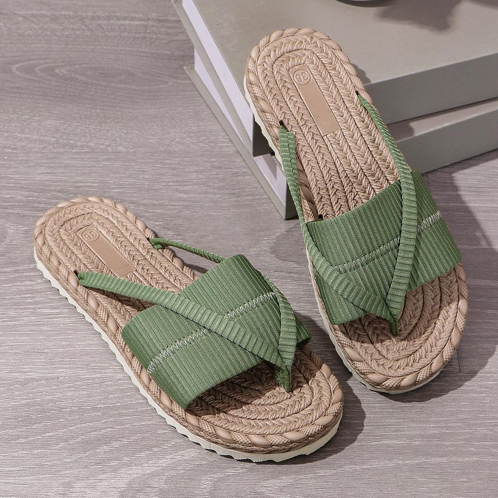 Fashion Green Fabric Flip Sole Summer Beach Shoes with Flat Heels and Slippers for Women's Simple One Line Beach Flat Shoes