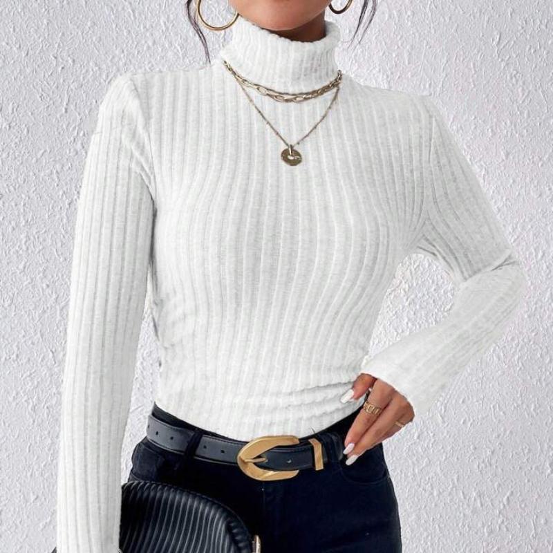 

Осенне-зимняя сексуальная текстура Pit Stripe Slim Knit Long Sleeve Женская футболка Новые женские топы с высоким воротом Повседневные женские топы XL белый