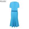 ZANZEA Women Short Sleeve Blouse and Fishtail Skirts Summer Two Piece Suit Sets
