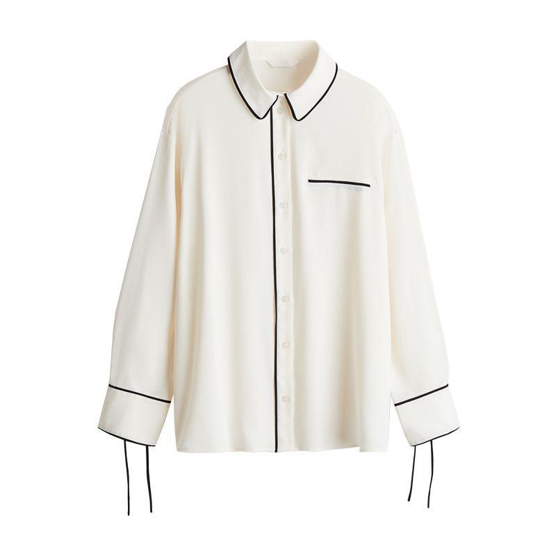 

25 Spring New Women s Clothing Lapel Long Sleeves Single Row Multi-Buckle Contrast Color Loose Crepe Woven Shirt 1262581 Cream color L