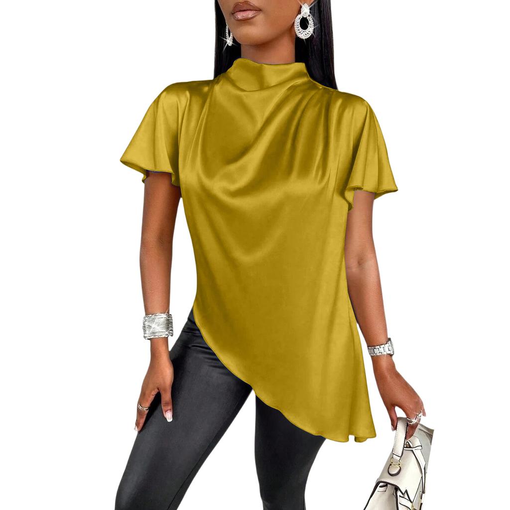 Women's Fashionable Loose-fitting Asymmetrical Hem Satin Blouse