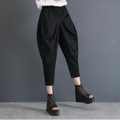 Schwarze elastische Taille Cropped Hosen für Damen im Frühling und Sommer Neue Große Größe Locker Schlank Lässig Kleine Füße Harren Karottenhosen