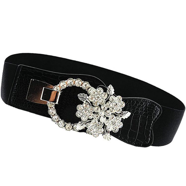 

Fashion Korean Wide Elastic Leather Belt With Rhinestone Embellishments For Women Black